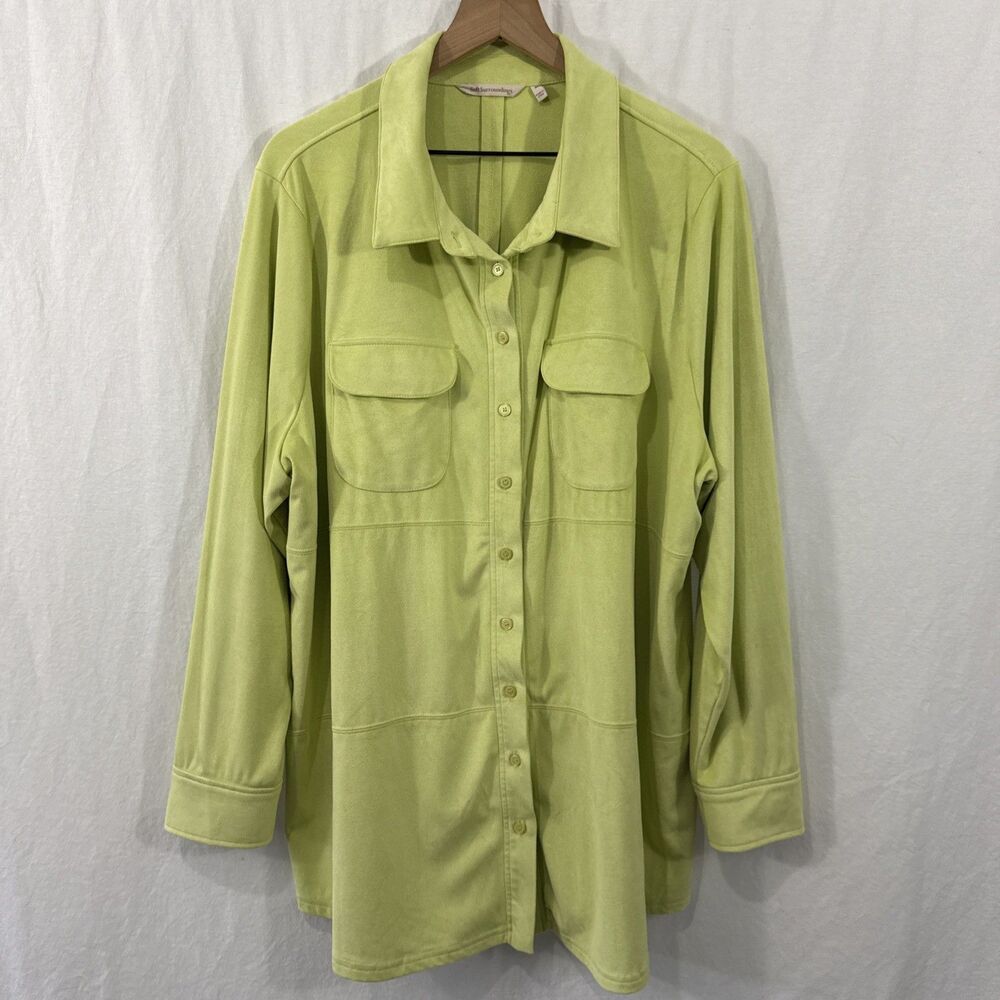 Soft Surroundings Soft Faux Suede Green Button Front Shirt Womens Sz 3X Fall